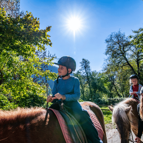 enfant en train de faire une balade à cheval accompagné d'une adutle